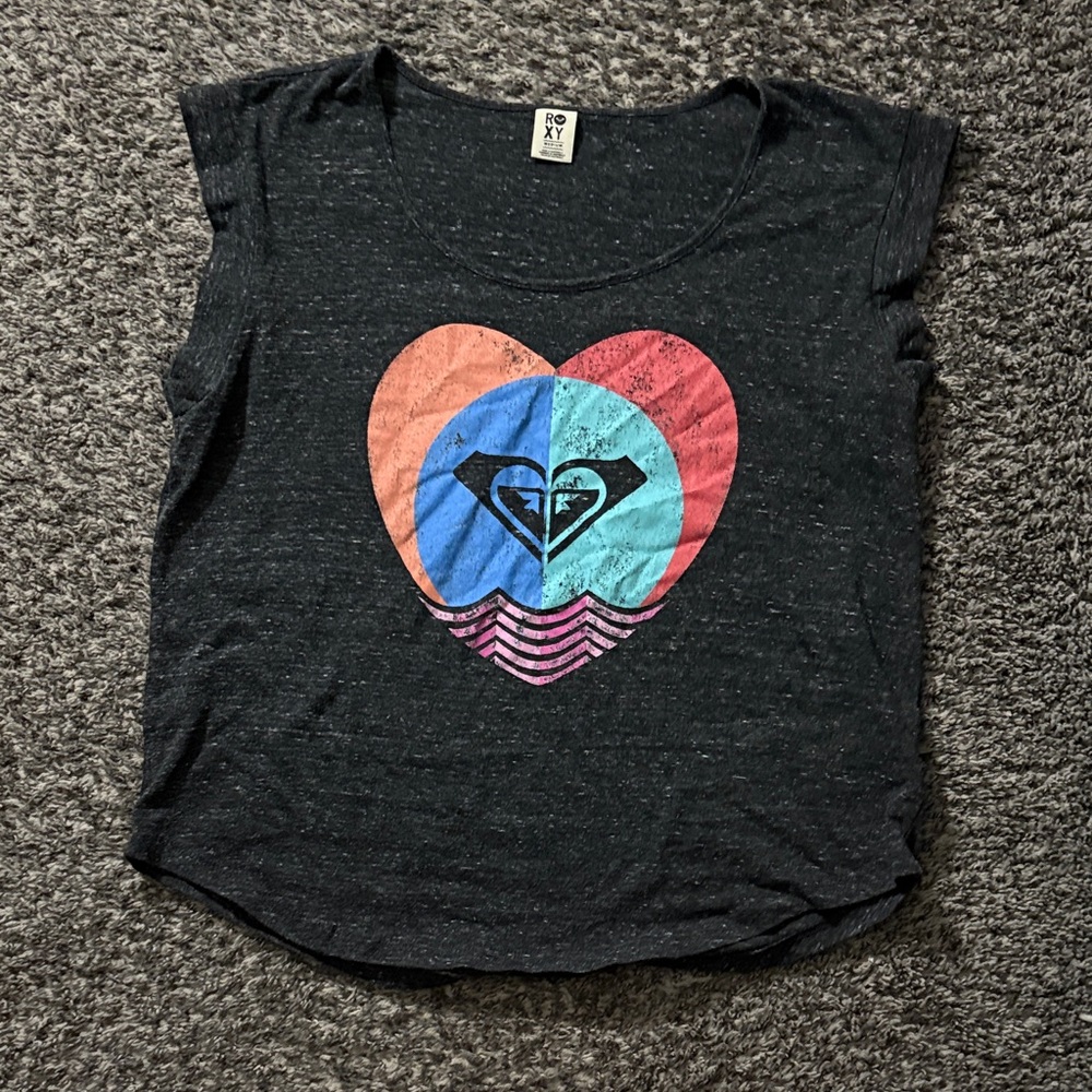 Roxy Charcoal Tee with Multicolor Heart Graphic